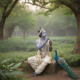 A serene image of Krishna in the lush gardens of Vrindavan, playing his ethereal flute with peacocks around him.