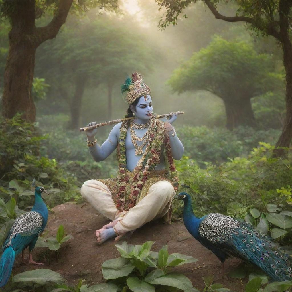 A serene image of Krishna in the lush gardens of Vrindavan, playing his ethereal flute with peacocks around him.