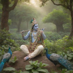 A serene image of Krishna in the lush gardens of Vrindavan, playing his ethereal flute with peacocks around him.