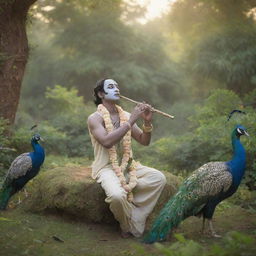 A serene image of Krishna in the lush gardens of Vrindavan, playing his ethereal flute with peacocks around him.