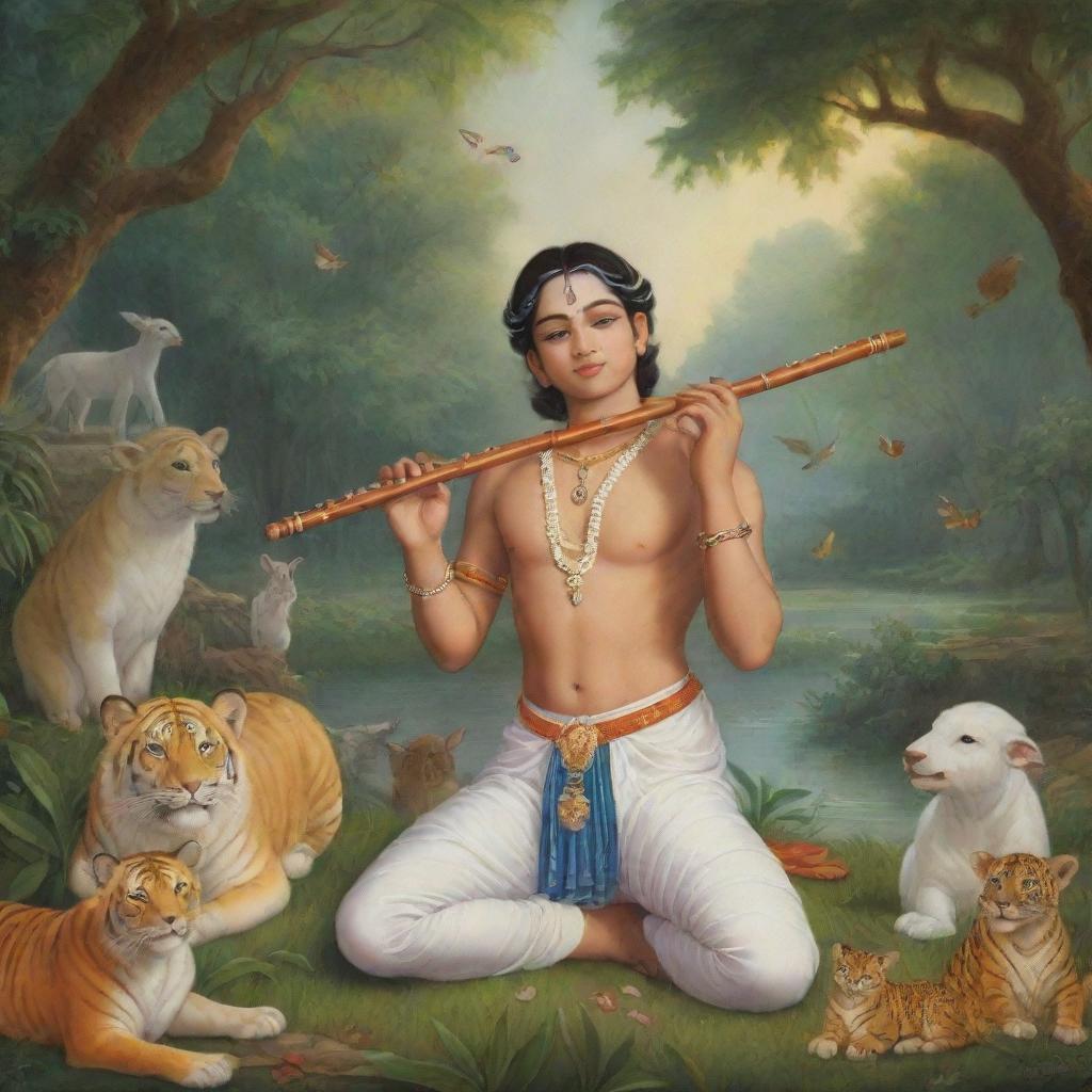 Anime-style depiction of young Krishna (Bal Krishna) in the peaceful setting of Vrindavan, playing his flute and surrounded by nature and animals.