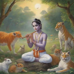 Anime-style depiction of young Krishna (Bal Krishna) in the peaceful setting of Vrindavan, playing his flute and surrounded by nature and animals.