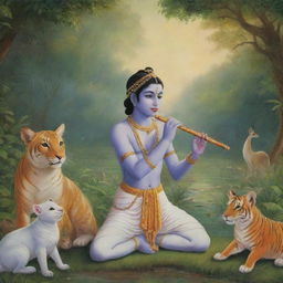 Anime-style depiction of young Krishna (Bal Krishna) in the peaceful setting of Vrindavan, playing his flute and surrounded by nature and animals.