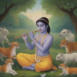 Anime-style depiction of young Krishna (Bal Krishna) in the peaceful setting of Vrindavan, playing his flute and surrounded by nature and animals.