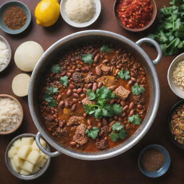 A traditional Iranian dish called Sholeh Mashhadi, simmering in a pot with visible ingredients like beans, meat and spices