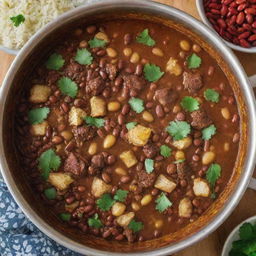 A traditional Iranian dish called Sholeh Mashhadi, simmering in a pot with visible ingredients like beans, meat and spices