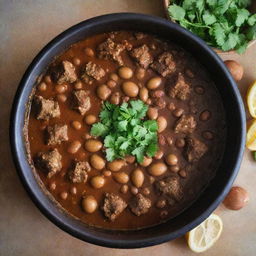 A traditional Iranian dish called Sholeh Mashhadi, simmering in a pot with visible ingredients like beans, meat and spices