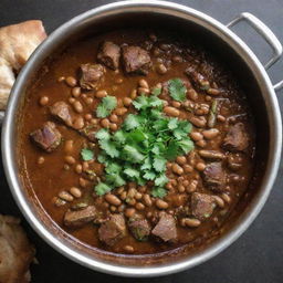 A traditional Iranian dish called Sholeh Mashhadi, simmering in a pot with visible ingredients like beans, meat and spices