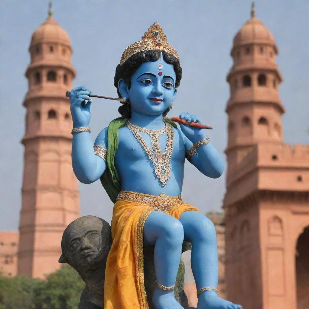 An image of young Krishna (Bal Krishna) placed against a prominent Pakistani landmark, acting as a symbol of peace and harmony.