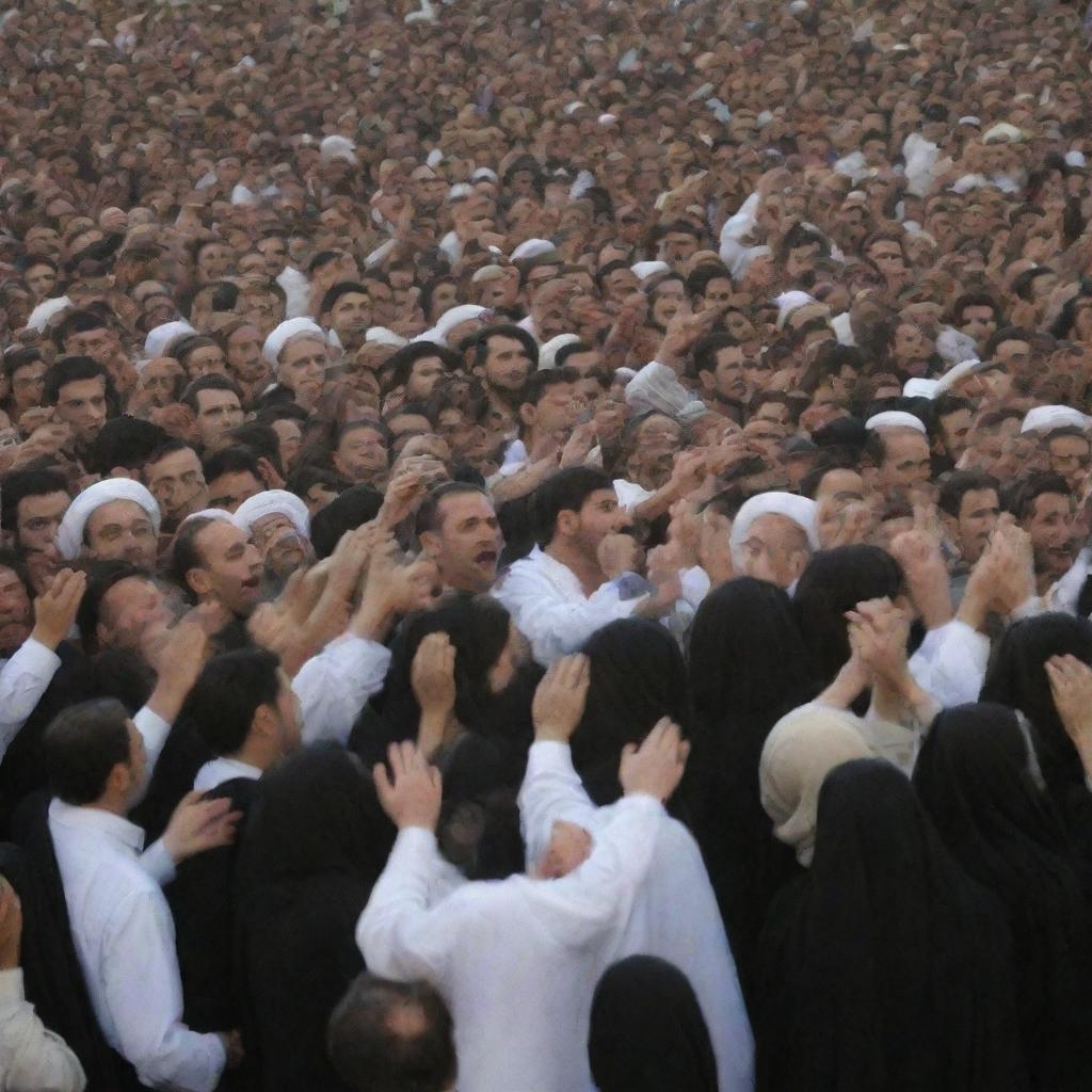 A solemn gathering of people in Iran during a religious event, dressed in traditional attire, passionately partaking in chest-beating rituals in reverent observance