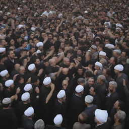 A solemn gathering of people in Iran during a religious event, dressed in traditional attire, passionately partaking in chest-beating rituals in reverent observance