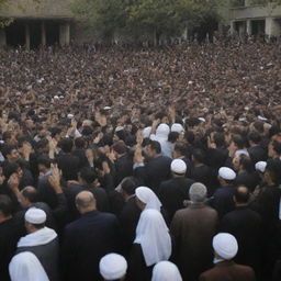 A solemn gathering of people in Iran during a religious event, dressed in traditional attire, passionately partaking in chest-beating rituals in reverent observance