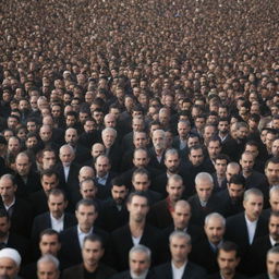 A solemn gathering of people in Iran during a religious event, dressed in traditional attire, passionately partaking in chest-beating rituals in reverent observance