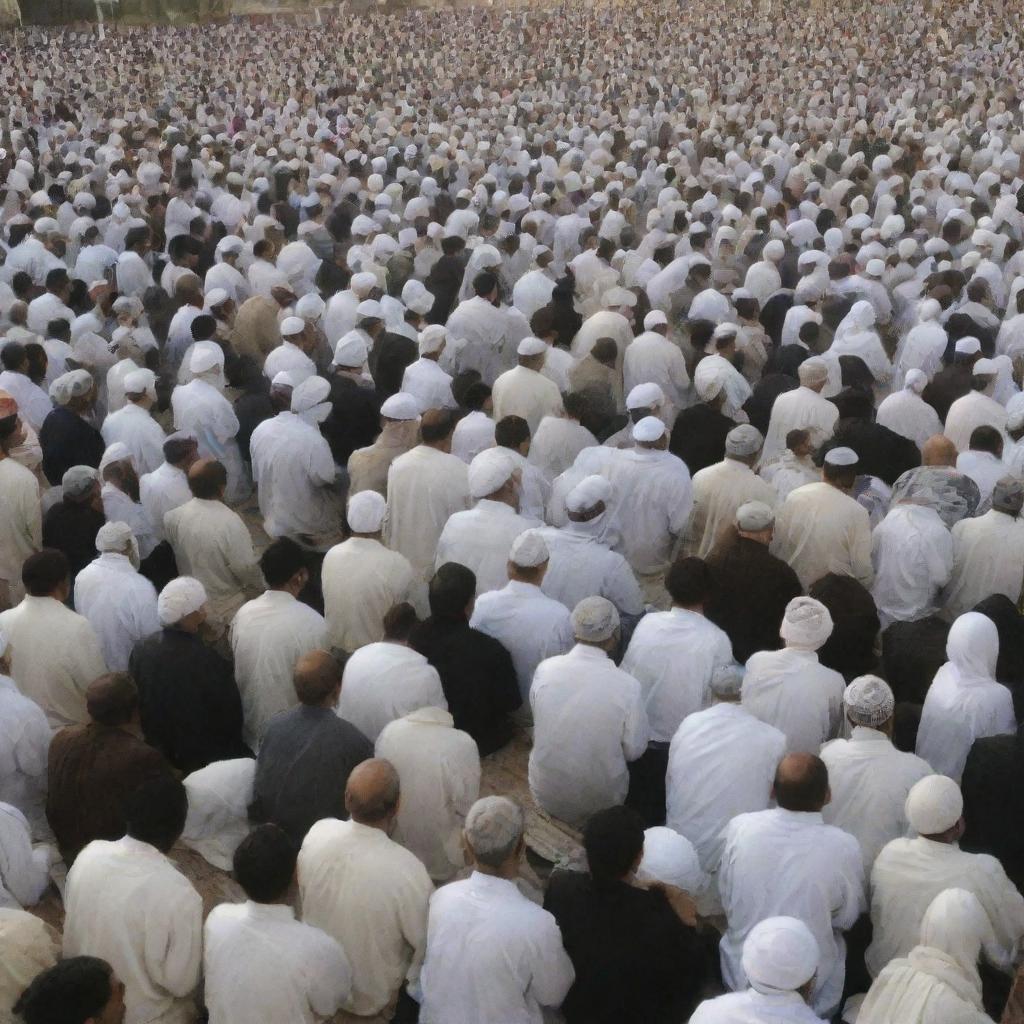 An assembly of people gathered as part of a religious event, in Islamic traditional outfit, engaging in discourse or prayer