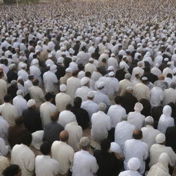 An assembly of people gathered as part of a religious event, in Islamic traditional outfit, engaging in discourse or prayer