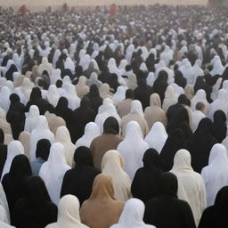 An assembly of people gathered as part of a religious event, in Islamic traditional outfit, engaging in discourse or prayer