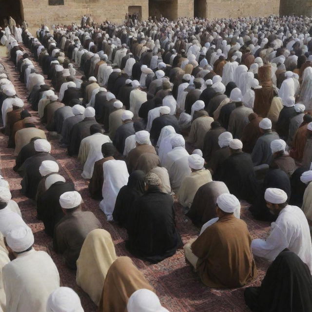 An assembly of people gathered as part of a religious event, in Islamic traditional outfit, engaging in discourse or prayer