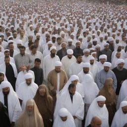 An assembly of people gathered as part of a religious event, in Islamic traditional outfit, engaging in discourse or prayer