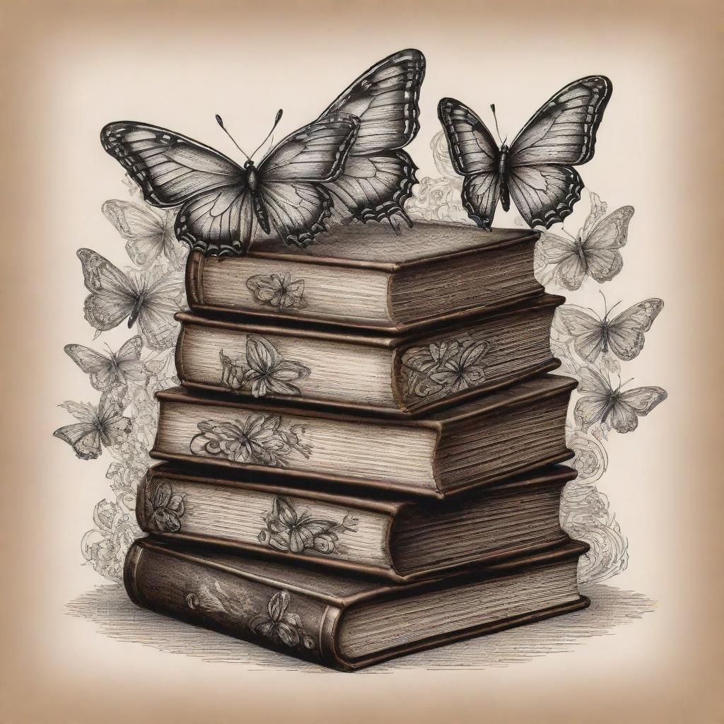 An intricate tattoo design with stylized butterflies fluttering around stacks of antique books.