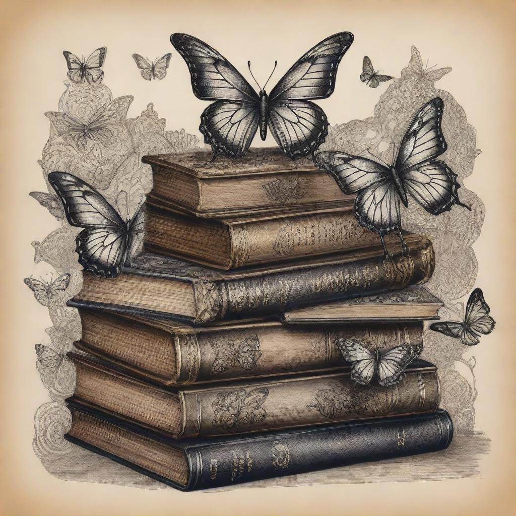 An intricate tattoo design with stylized butterflies fluttering around stacks of antique books.