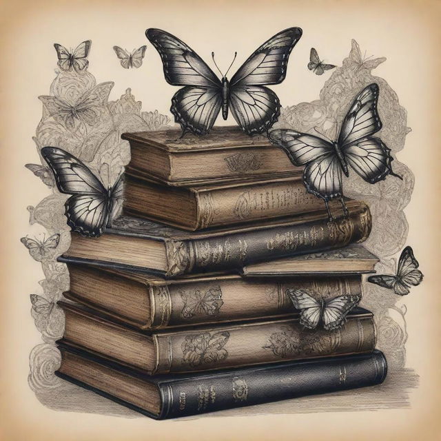 An intricate tattoo design with stylized butterflies fluttering around stacks of antique books.