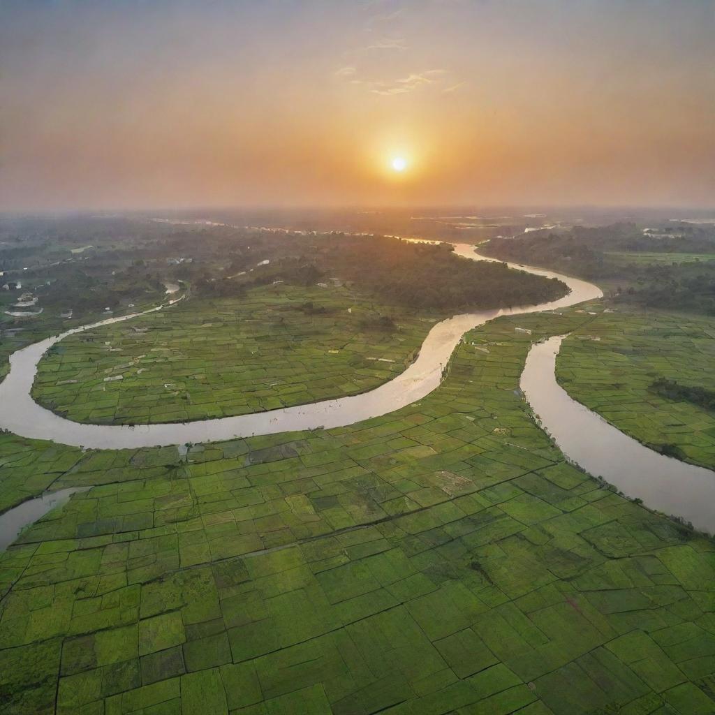 Display an aerial perspective of Bangladesh showcasing its lush green fields, myriad rivers and diverse architectural blends, all under a warm sunset sky.