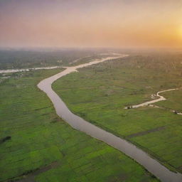 Display an aerial perspective of Bangladesh showcasing its lush green fields, myriad rivers and diverse architectural blends, all under a warm sunset sky.