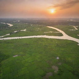 Display an aerial perspective of Bangladesh showcasing its lush green fields, myriad rivers and diverse architectural blends, all under a warm sunset sky.