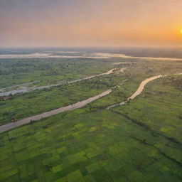 Display an aerial perspective of Bangladesh showcasing its lush green fields, myriad rivers and diverse architectural blends, all under a warm sunset sky.