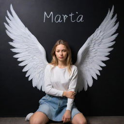 3D illusion of a girl named Maria with angelic wings, writing on a black wall, done in a surreal, visually striking style.