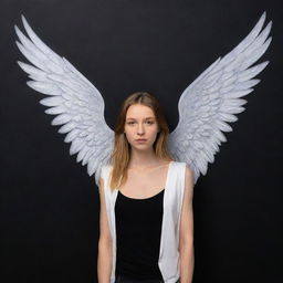 3D illusion of a girl named Maria with angelic wings, writing on a black wall, done in a surreal, visually striking style.