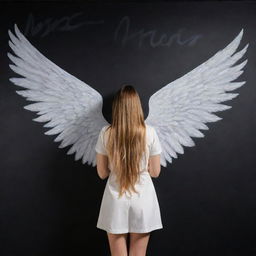 3D illusion of a girl named Maria with angelic wings, writing on a black wall, done in a surreal, visually striking style.