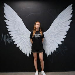 3D illusion of a girl named Maria with angelic wings, writing on a black wall, done in a surreal, visually striking style.