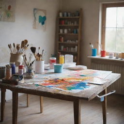 An artist's clean and bright studio, with paint splashed canvases, brushes and vibrant tubes of paint on a rustic wooden table bathed in natural light.