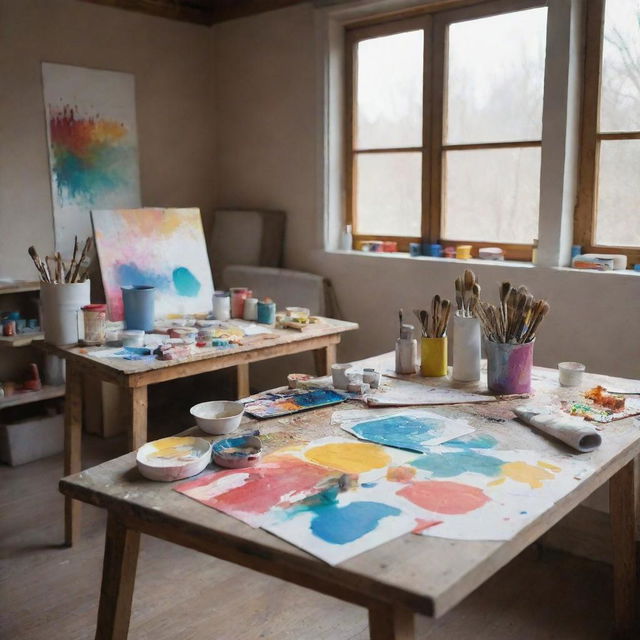 An artist's clean and bright studio, with paint splashed canvases, brushes and vibrant tubes of paint on a rustic wooden table bathed in natural light.