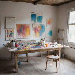 An artist's clean and bright studio, with paint splashed canvases, brushes and vibrant tubes of paint on a rustic wooden table bathed in natural light.