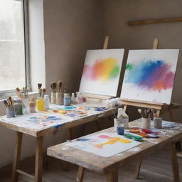 An artist's clean and bright studio, with paint splashed canvases, brushes and vibrant tubes of paint on a rustic wooden table bathed in natural light.