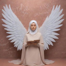 3D illusion of a girl named Maria, wearing a hijab and endowed with angelic wings, writing on a backdrop in a surreal, visually striking style.