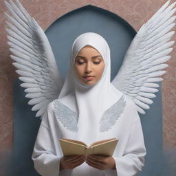 3D illusion of a girl named Maria, wearing a hijab and endowed with angelic wings, writing on a backdrop in a surreal, visually striking style.