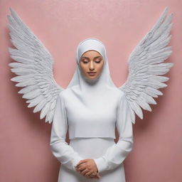 3D illusion of a girl named Maria, wearing a hijab and endowed with angelic wings, writing on a backdrop in a surreal, visually striking style.