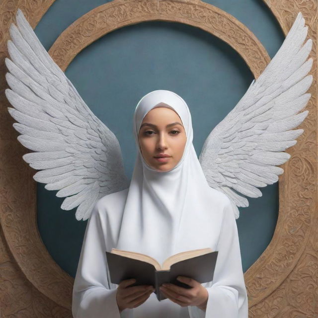 3D illusion of a girl named Maria, wearing a hijab and endowed with angelic wings, writing on a backdrop in a surreal, visually striking style.