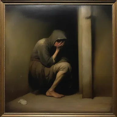 The painting depicted a pitiful figure cowering in a dimly lit corner, inspiring mixed contempt and pity.