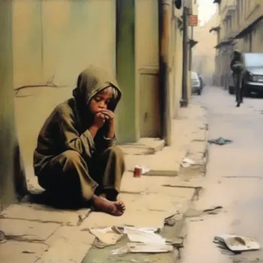 The painting depicted a pitiful scene of a homeless child begging on the streets.