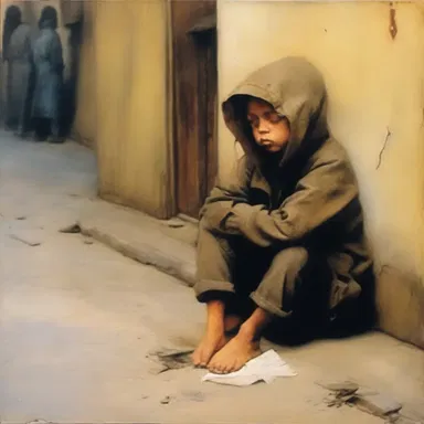 The painting depicted a pitiful scene of a homeless child begging on the streets.