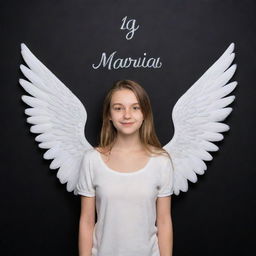 3D illusion of a cute 19-year-old girl named Maria with angelic wings, her name written on a black wall, portrayed in an aesthetically pleasing style.