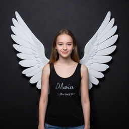 3D illusion of a cute 19-year-old girl named Maria with angelic wings, her name written on a black wall, portrayed in an aesthetically pleasing style.