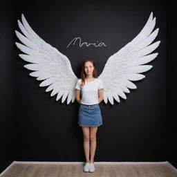 3D illusion of a cute 19-year-old girl named Maria with angelic wings, her name written on a black wall, portrayed in an aesthetically pleasing style.