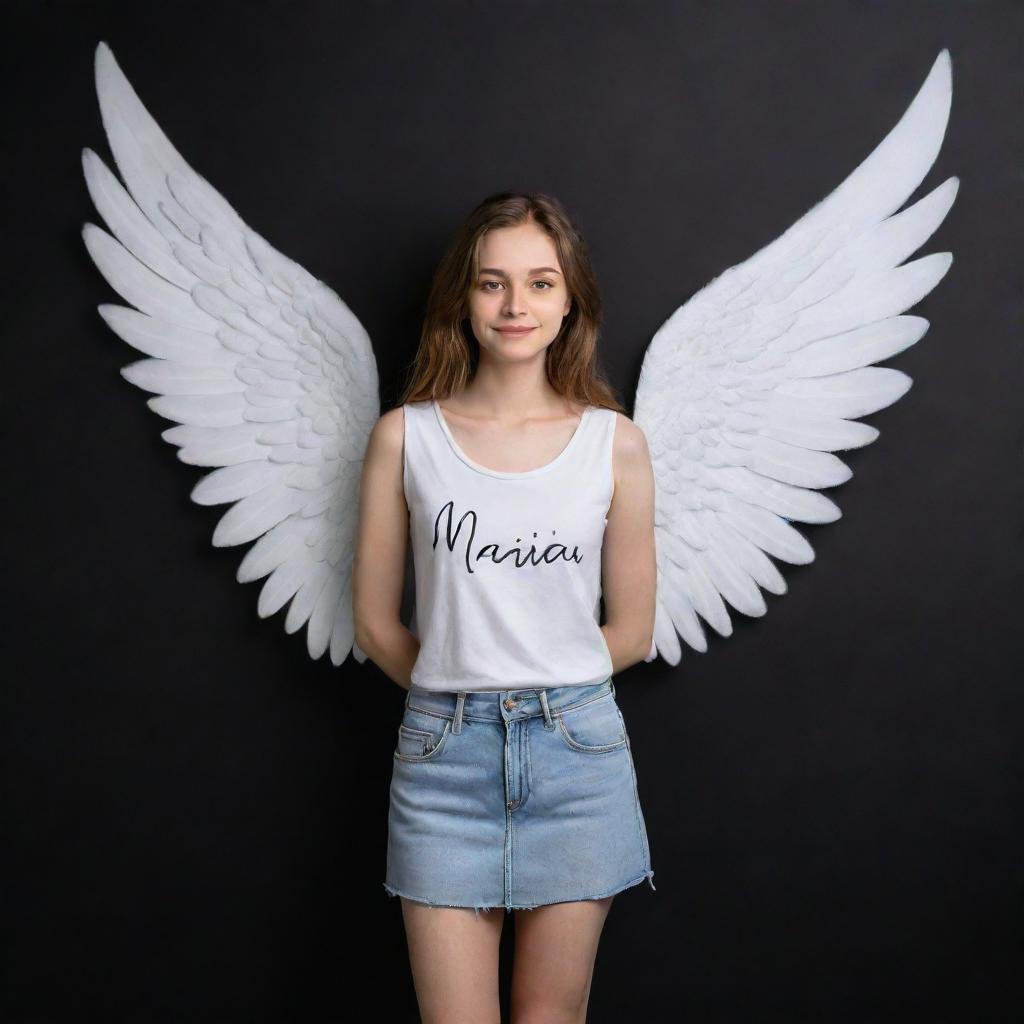 3D illusion of a cute 19-year-old girl named Maria with angelic wings, her name written on a black wall, portrayed in an aesthetically pleasing style.