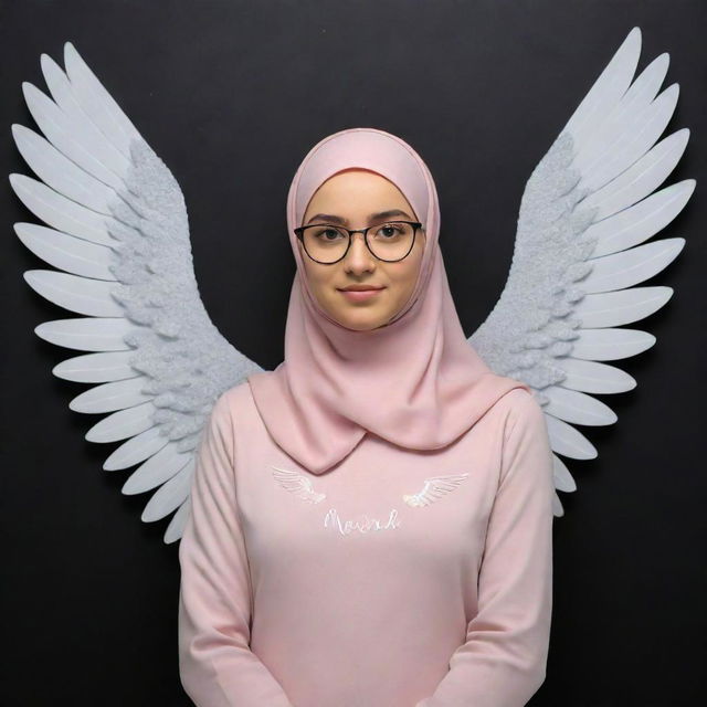 3D illusion of a cute 19-year-old girl named Maria with angelic wings, wearing a hijab and glasses. Her name is written on a black wall, all set in a visually striking style.