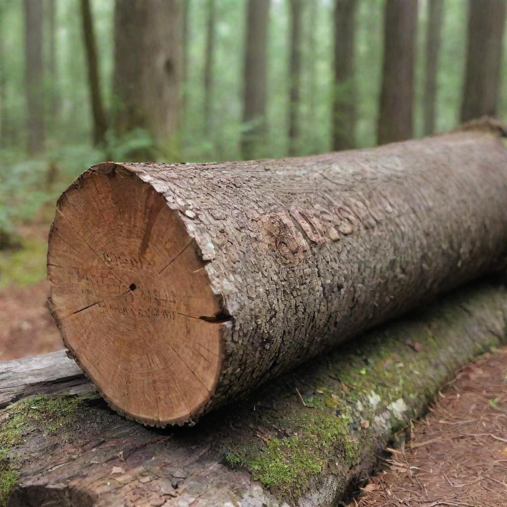 A rustic log with the beautifully carved user's name on it, surrounded by a serene forest setting.